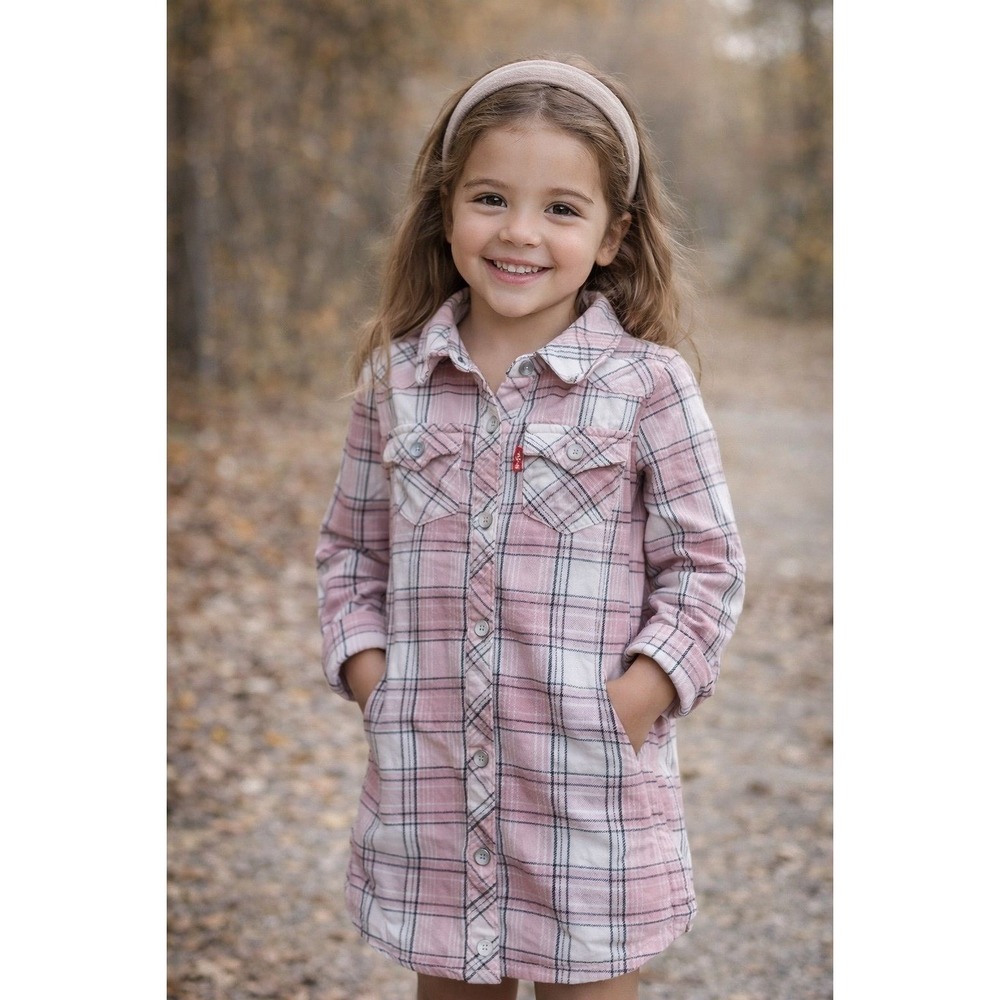 Levi's Girls Pink Plaid Shirt Dress 4–5Y Long‎ Sleeve Button Front